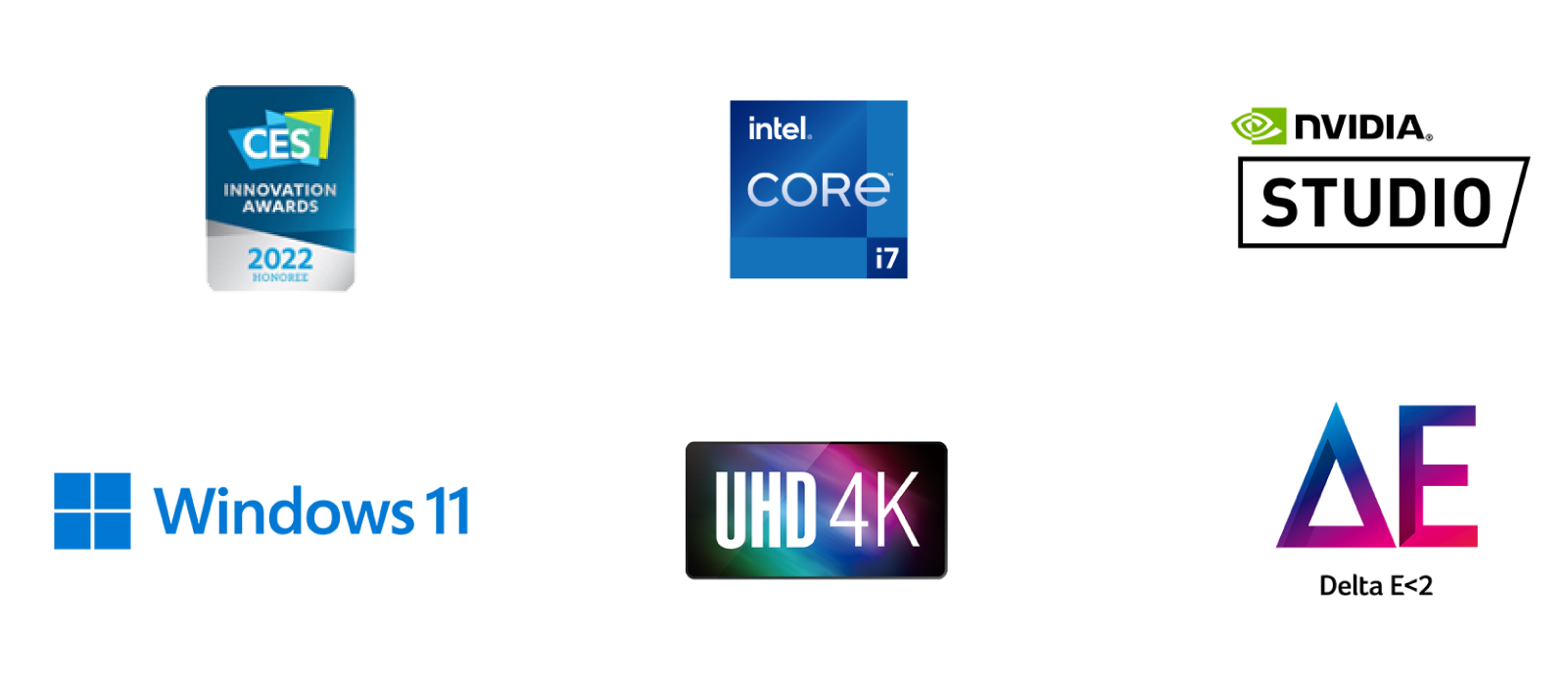 CES、Intel Core i7、NVIDIA STUDIO、Windows 11、UHD 4K、ΔE ロゴ