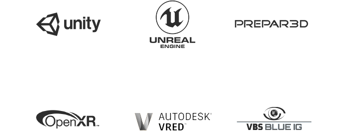 Unity、Unreal Engine、PREPAR3D、OpenXR、Autodesk VRED、VBS Blue IGロゴ